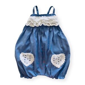 Nannette Baby Girls White & Blue Ruffle Bubble Heart Romper Size 6-9 Months